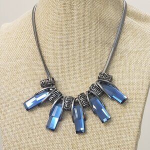 Gunmetal tone, blue drop glass filigree square spacers, fashion necklace